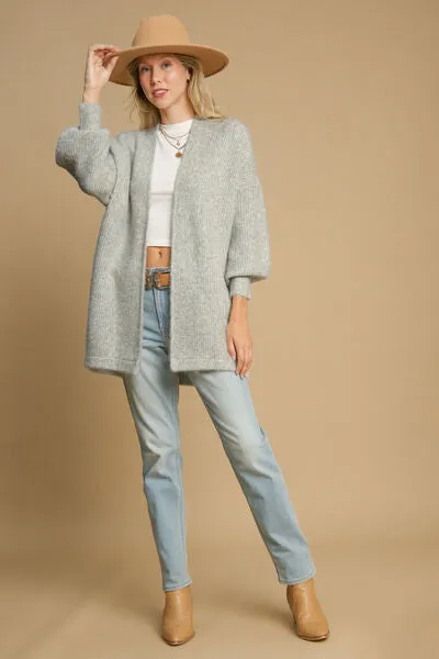 Umgee Full Size Wool Blend Open Front Lantern Sleeve Cardigan