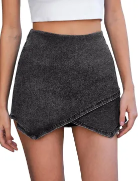 Vetinee Jean Skorts for Woman High Waisted Pull On Elastic Waist Wrap Asymmetrical Stretch Denim Skort Skirt with Shorts