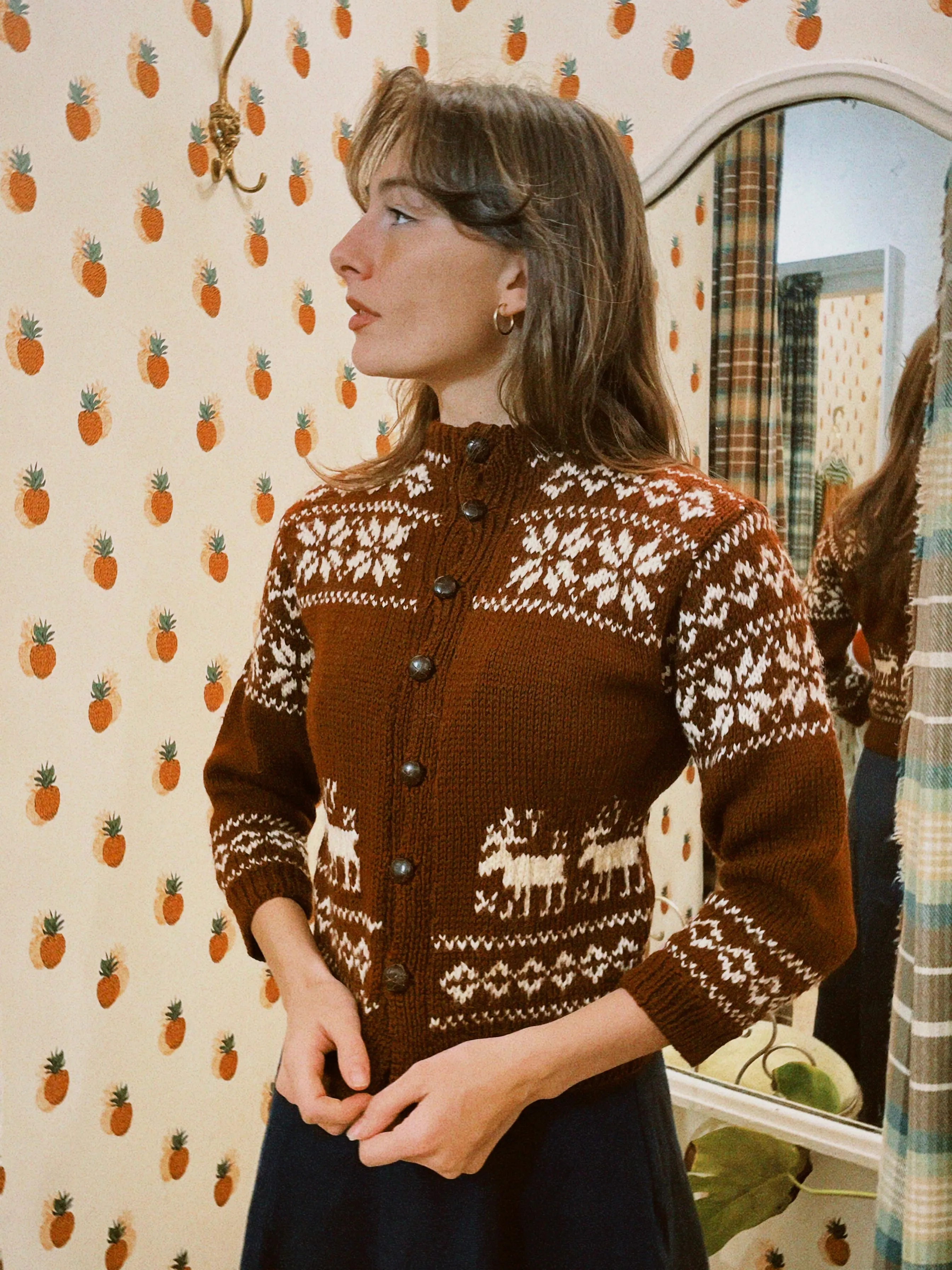 VINTAGE BROWN WOOL PETITE REINDEER CARDIGAN
