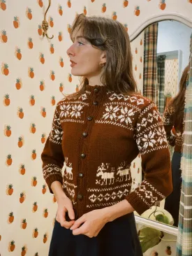 VINTAGE BROWN WOOL PETITE REINDEER CARDIGAN