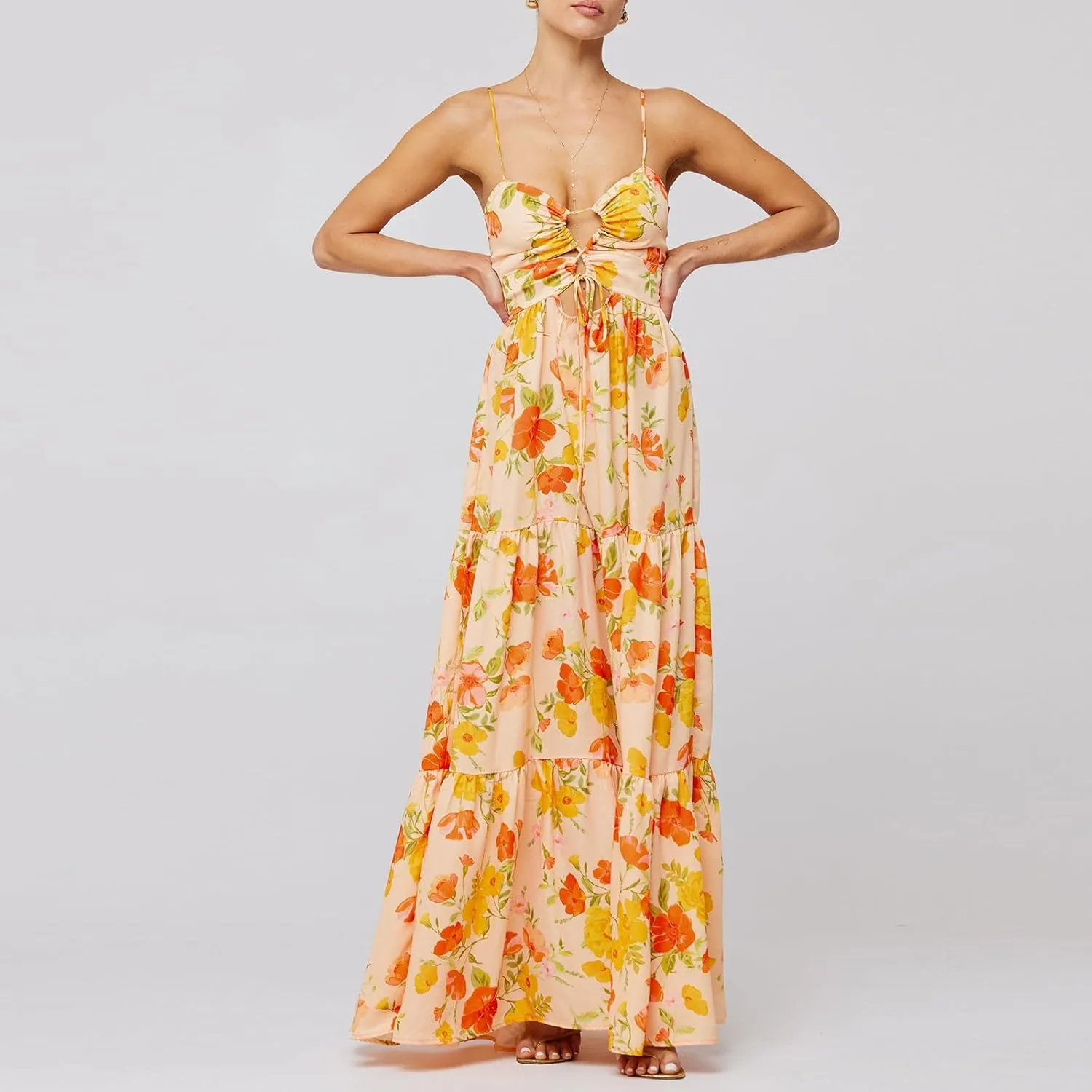 Women Boho Tie Shoulder Maxi Dress Y2k Floral Smocked Long Dress Sleeveless Flowy Summer Beach Sundress