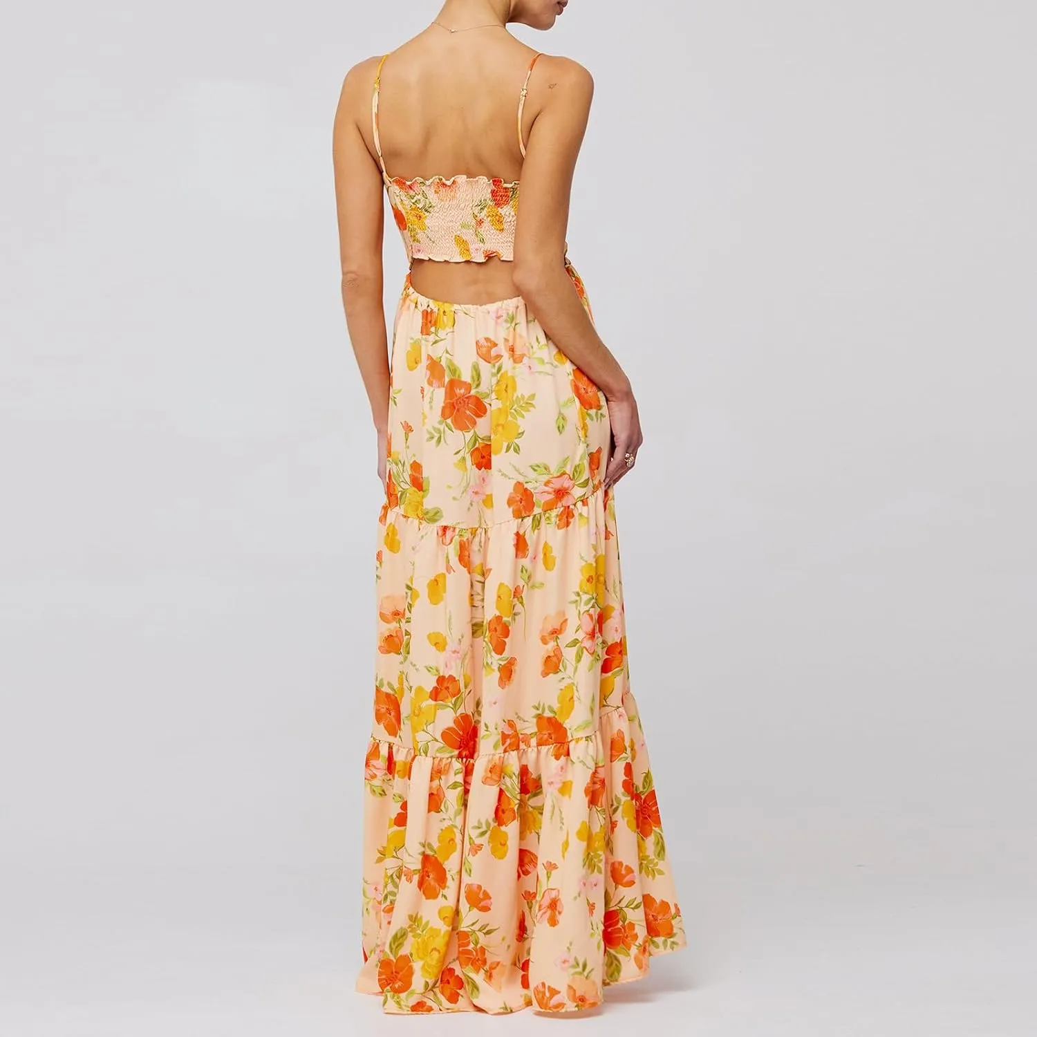 Women Boho Tie Shoulder Maxi Dress Y2k Floral Smocked Long Dress Sleeveless Flowy Summer Beach Sundress