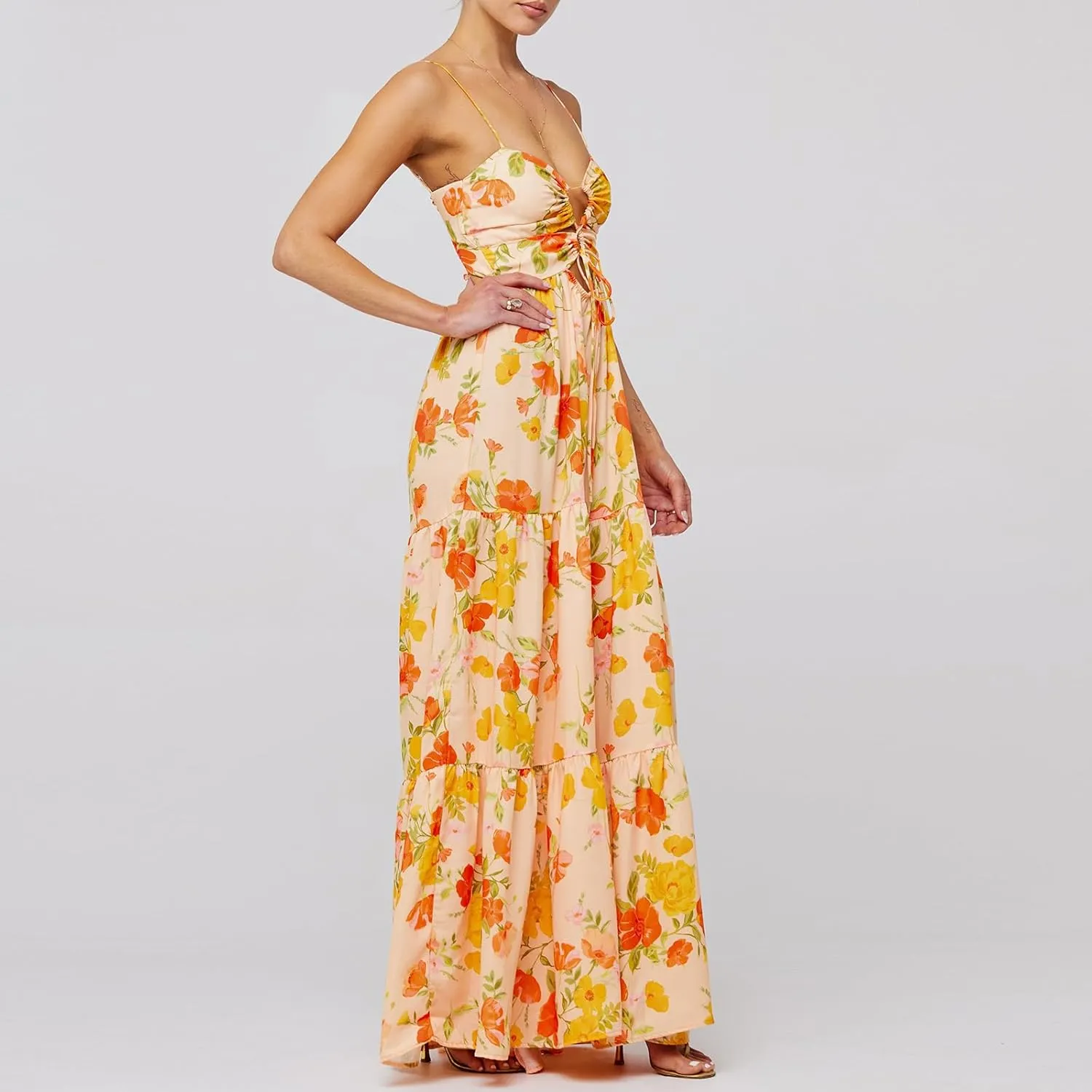 Women Boho Tie Shoulder Maxi Dress Y2k Floral Smocked Long Dress Sleeveless Flowy Summer Beach Sundress