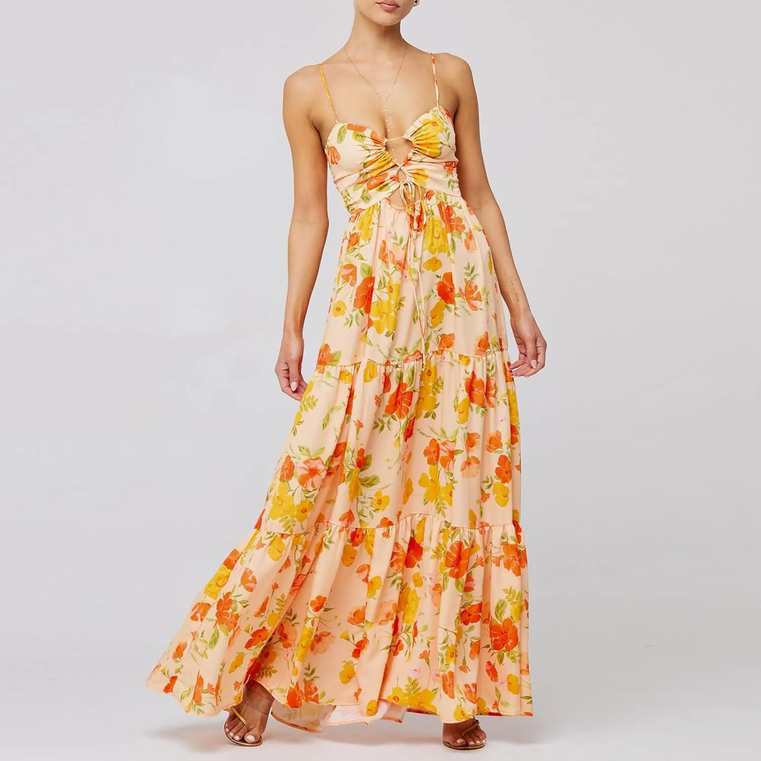 Women Boho Tie Shoulder Maxi Dress Y2k Floral Smocked Long Dress Sleeveless Flowy Summer Beach Sundress