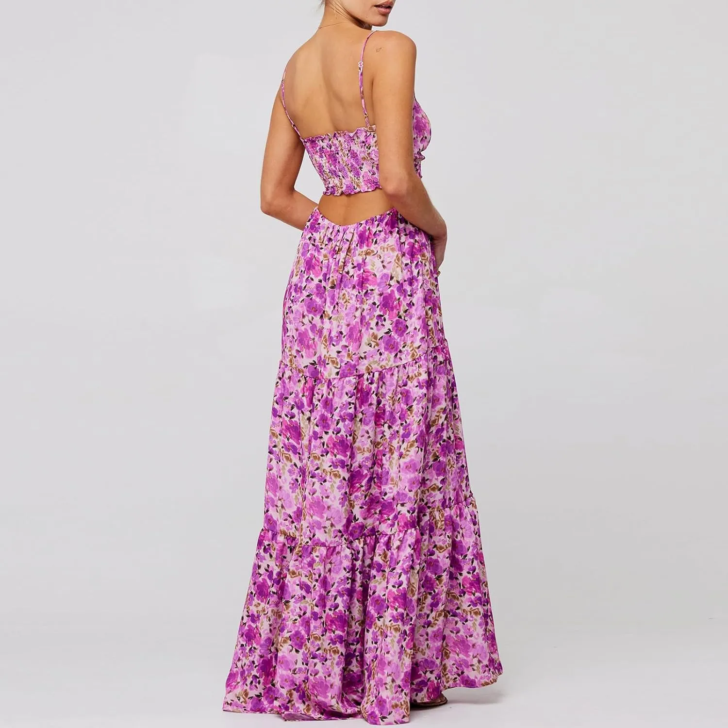 Women Boho Tie Shoulder Maxi Dress Y2k Floral Smocked Long Dress Sleeveless Flowy Summer Beach Sundress