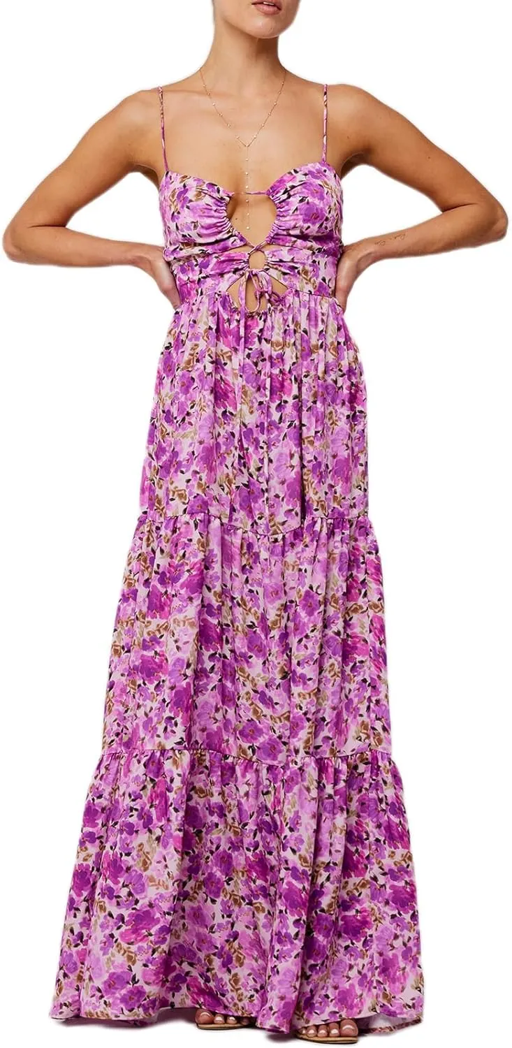 Women Boho Tie Shoulder Maxi Dress Y2k Floral Smocked Long Dress Sleeveless Flowy Summer Beach Sundress