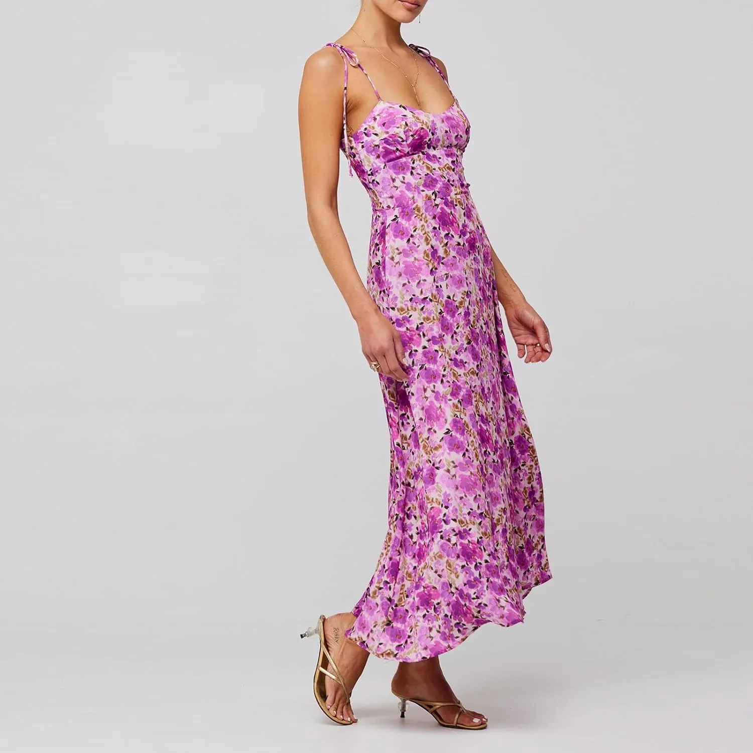 Women Boho Tie Shoulder Maxi Dress Y2k Floral Smocked Long Dress Sleeveless Flowy Summer Beach Sundress