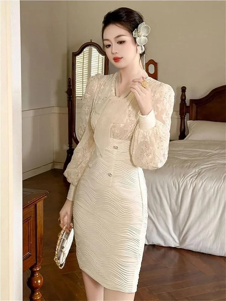 Women Classic Faux Two Piece Pencil Skirt V Neck High Waist Slim Fit Dress Office Work Cocktail Party Formal Outfit