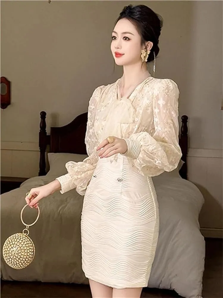 Women Classic Faux Two Piece Pencil Skirt V Neck High Waist Slim Fit Dress Office Work Cocktail Party Formal Outfit