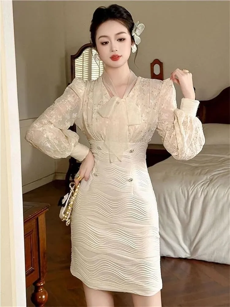Women Classic Faux Two Piece Pencil Skirt V Neck High Waist Slim Fit Dress Office Work Cocktail Party Formal Outfit