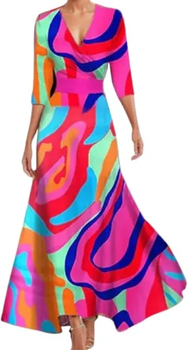 Women Spring Floral Print Dress Elegant V Neck Belted Summer Boho Flowy Casual Cocktail Ruffle Beach Maxi Dress