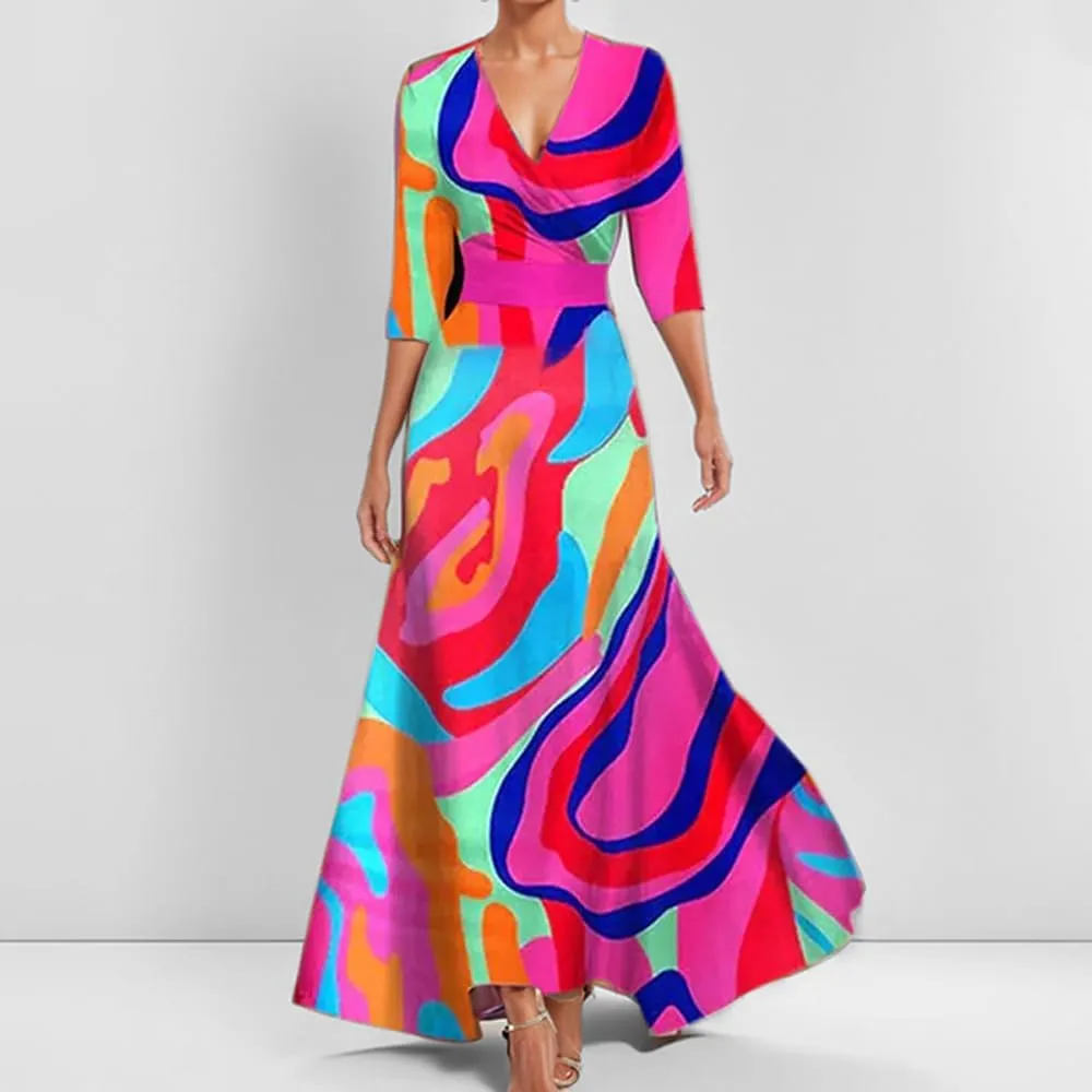 Women Spring Floral Print Dress Elegant V Neck Belted Summer Boho Flowy Casual Cocktail Ruffle Beach Maxi Dress