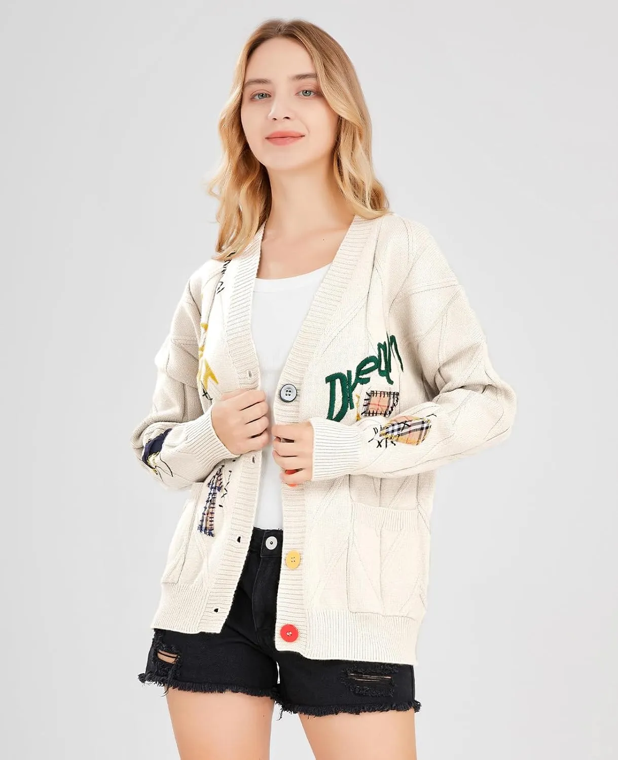 Women's Cable Knit Long Sleeve Open Front Cardigan Sheep V-Neck Button Down Embroidery Wool Blend Sweater Coat Outwear