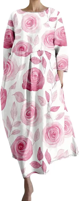 Women's Cotton Linen Blend 3/4 Sleeve Floral Print Maxi Dress Ladies Summer Loose Flowy Long Dresses with Pockets