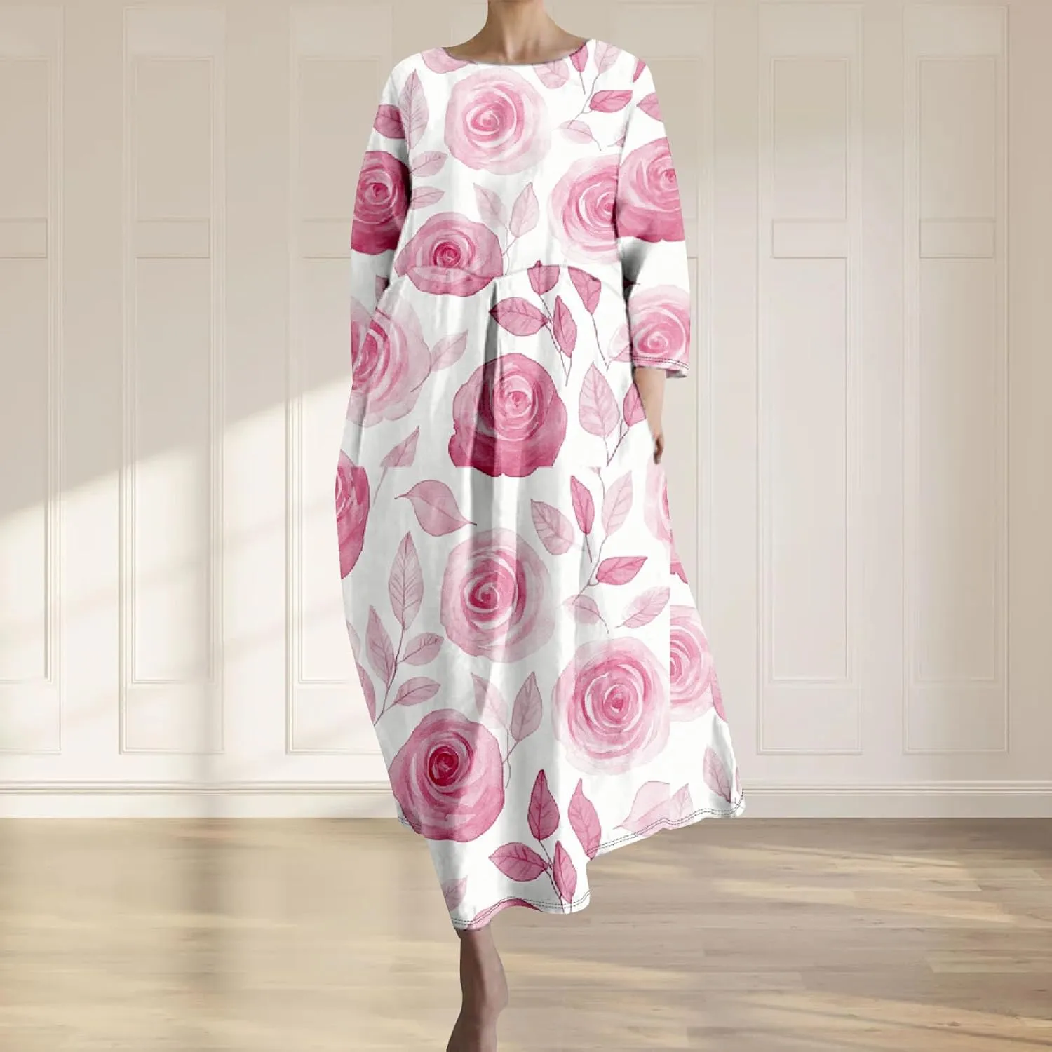 Women's Cotton Linen Blend 3/4 Sleeve Floral Print Maxi Dress Ladies Summer Loose Flowy Long Dresses with Pockets