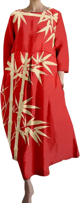Women's Cotton Linen Blend 3/4 Sleeve Floral Print Maxi Dress Ladies Summer Loose Flowy Long Dresses with Pockets