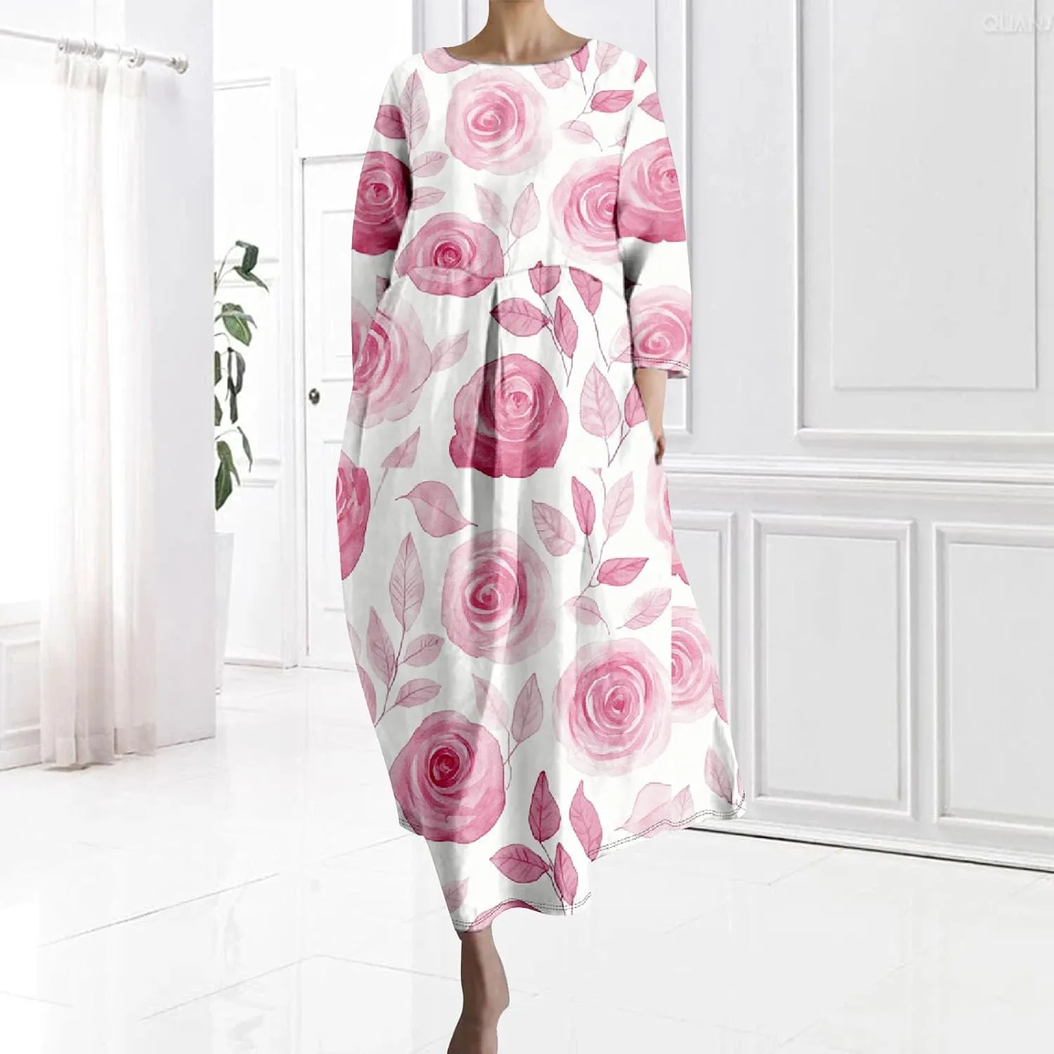 Women's Cotton Linen Blend 3/4 Sleeve Floral Print Maxi Dress Ladies Summer Loose Flowy Long Dresses with Pockets