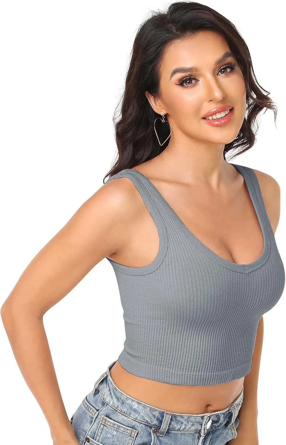 Womens Crop Tops Basic Sleeveless Both V-Neck and Round Neck 3 Pieces Black White Ribbed Seamless Casual Cami Tank Tops