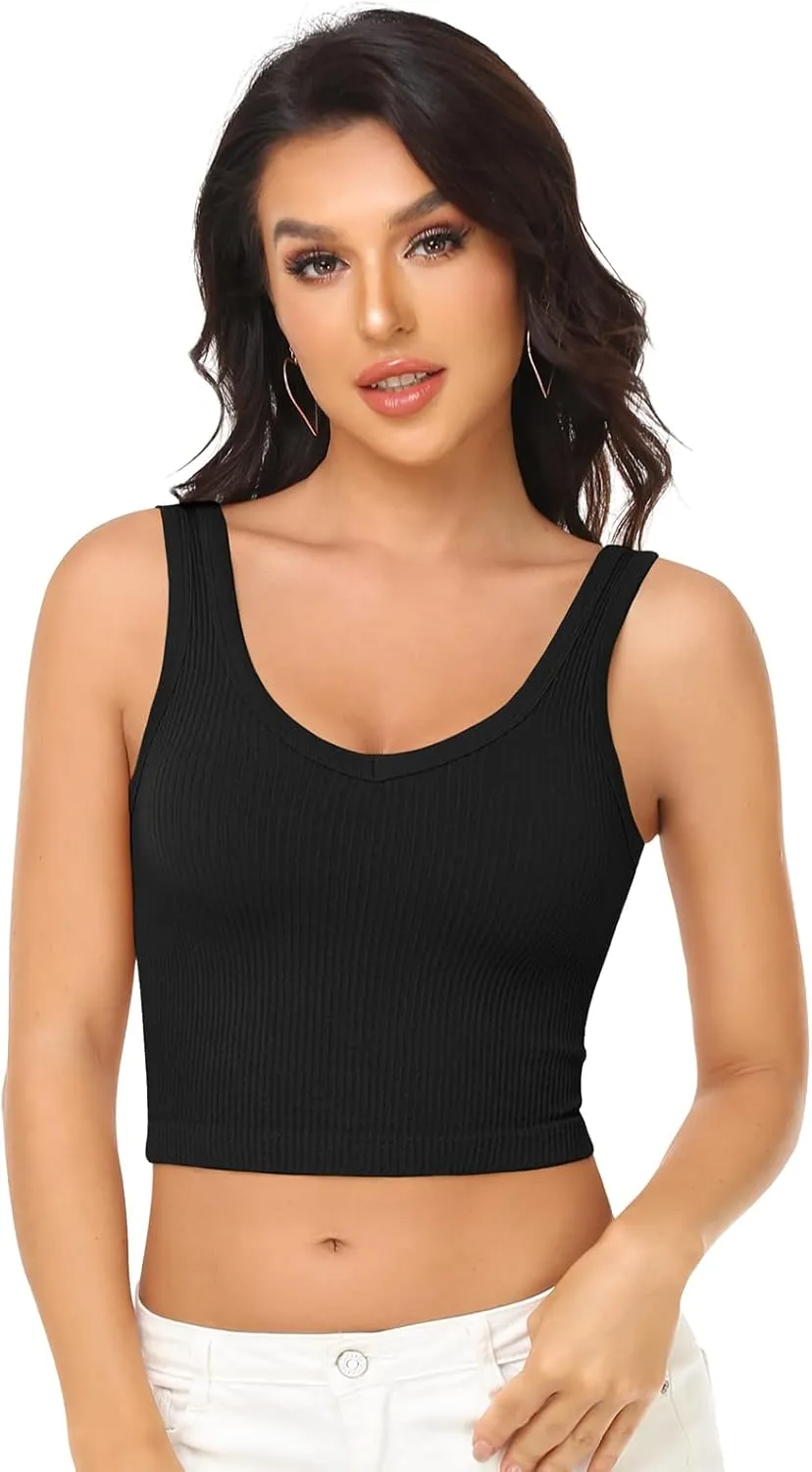 Womens Crop Tops Basic Sleeveless Both V-Neck and Round Neck 3 Pieces Black White Ribbed Seamless Casual Cami Tank Tops