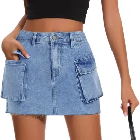 Womens Denim Cargo Skirt Low Waist Y2k Mini Jean Skirts with Flap Pockets