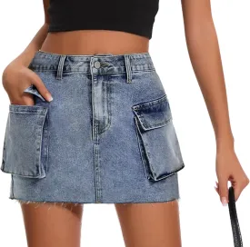 Womens Denim Cargo Skirt Low Waist Y2k Mini Jean Skirts with Flap Pockets