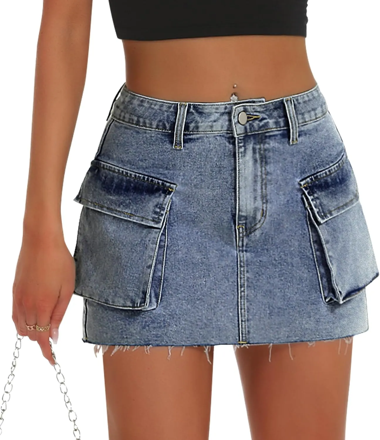 Womens Denim Cargo Skirt Low Waist Y2k Mini Jean Skirts with Flap Pockets
