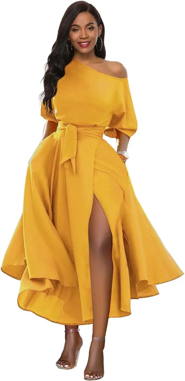 Womens Elegant Off Shoulder Short Sleeve Belted Side Slit Cocktail Party Swing Dress with Pockets