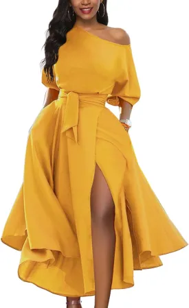 Womens Elegant Off Shoulder Short Sleeve Belted Side Slit Cocktail Party Swing Dress with Pockets