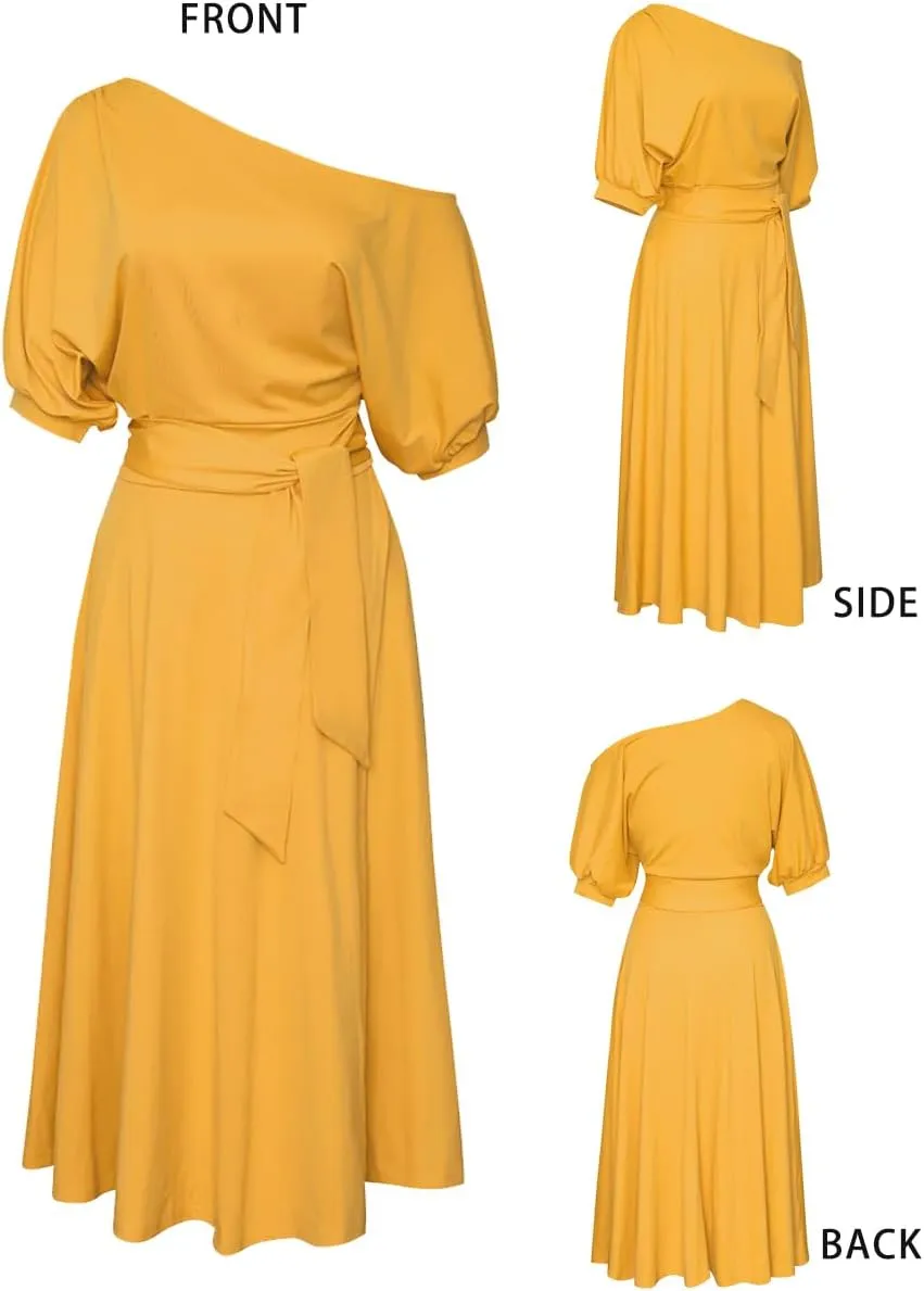 Womens Elegant Off Shoulder Short Sleeve Belted Side Slit Cocktail Party Swing Dress with Pockets