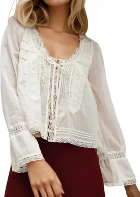 Womens Lace Shirts Long Sleeve Button Up Chiffon Cardigan Tie Front Flowy Beach Vacation Bohemian Y2k Clothes Tops