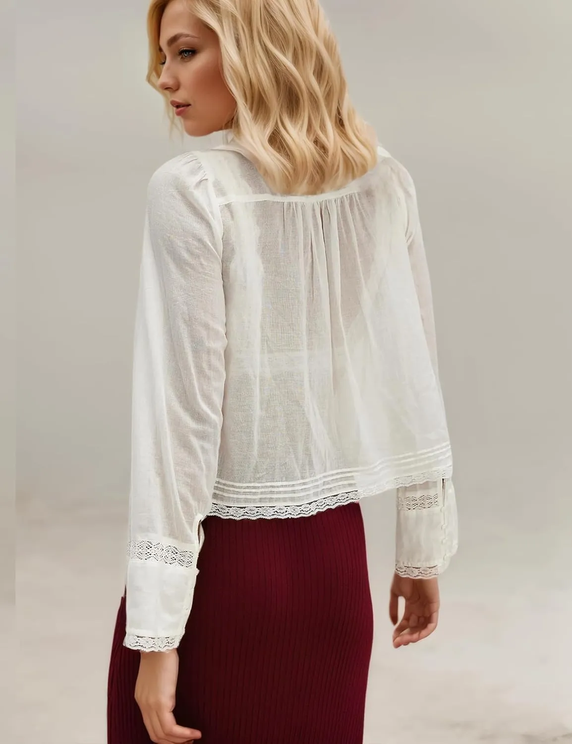Womens Lace Shirts Long Sleeve Button Up Chiffon Cardigan Tie Front Flowy Beach Vacation Bohemian Y2k Clothes Tops