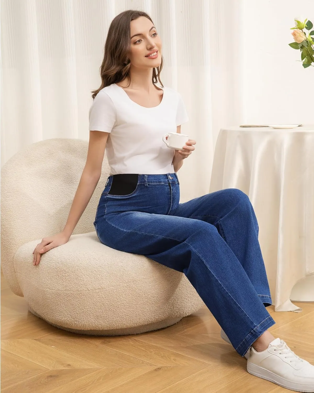 Women's Maternity Jeans Mid-Rise Straight Leg Relaxed Fit Denim Pants for Pregnancy and Postpartum