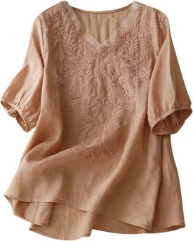 Womens Peasant Tops and Blouses Summer Fashion Embroidered Shirts Fashion Short Sleeve Cotton Linen Shirt
