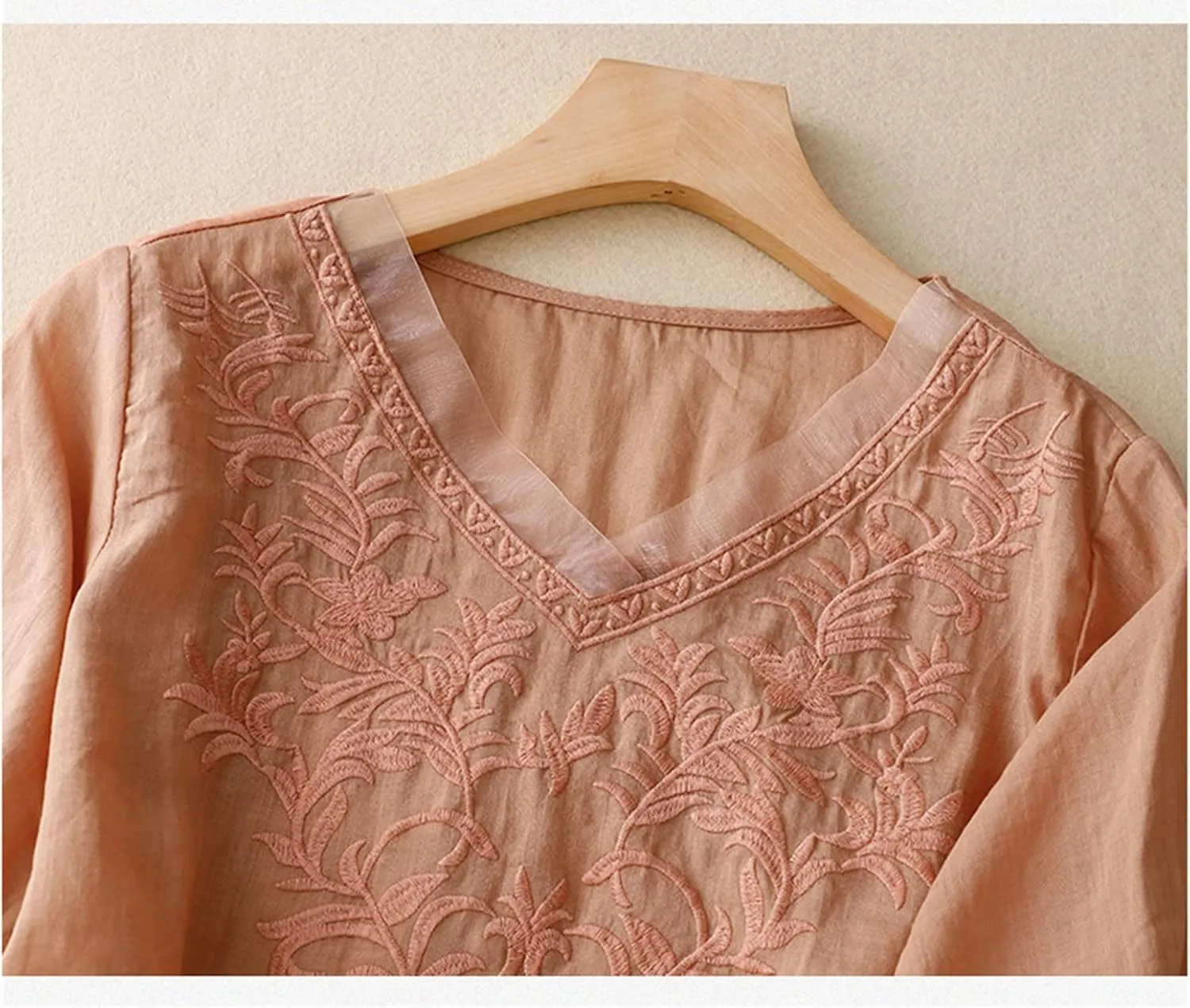 Womens Peasant Tops and Blouses Summer Fashion Embroidered Shirts Fashion Short Sleeve Cotton Linen Shirt