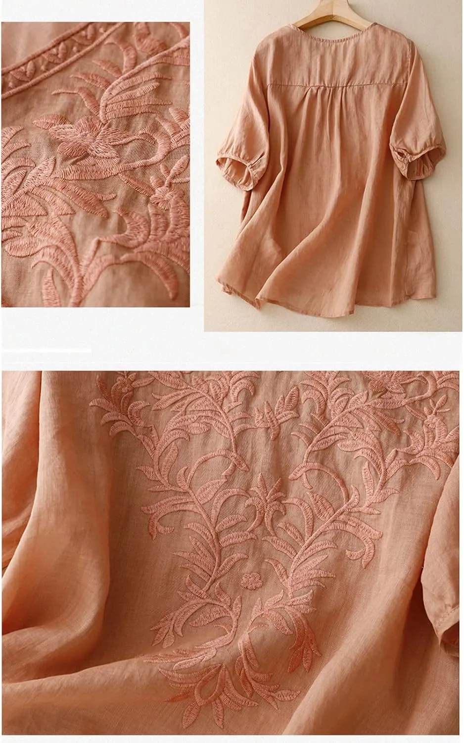 Womens Peasant Tops and Blouses Summer Fashion Embroidered Shirts Fashion Short Sleeve Cotton Linen Shirt