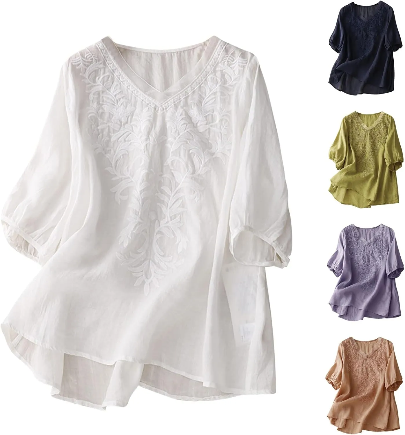 Womens Peasant Tops and Blouses Summer Fashion Embroidered Shirts Fashion Short Sleeve Cotton Linen Shirt