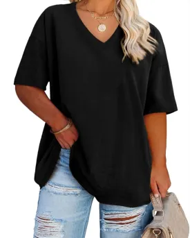 Women's Plus Size V Neck T Shirts Summer Half Sleeve Tees Casual Loose Fit Cotton Tunic Tops
