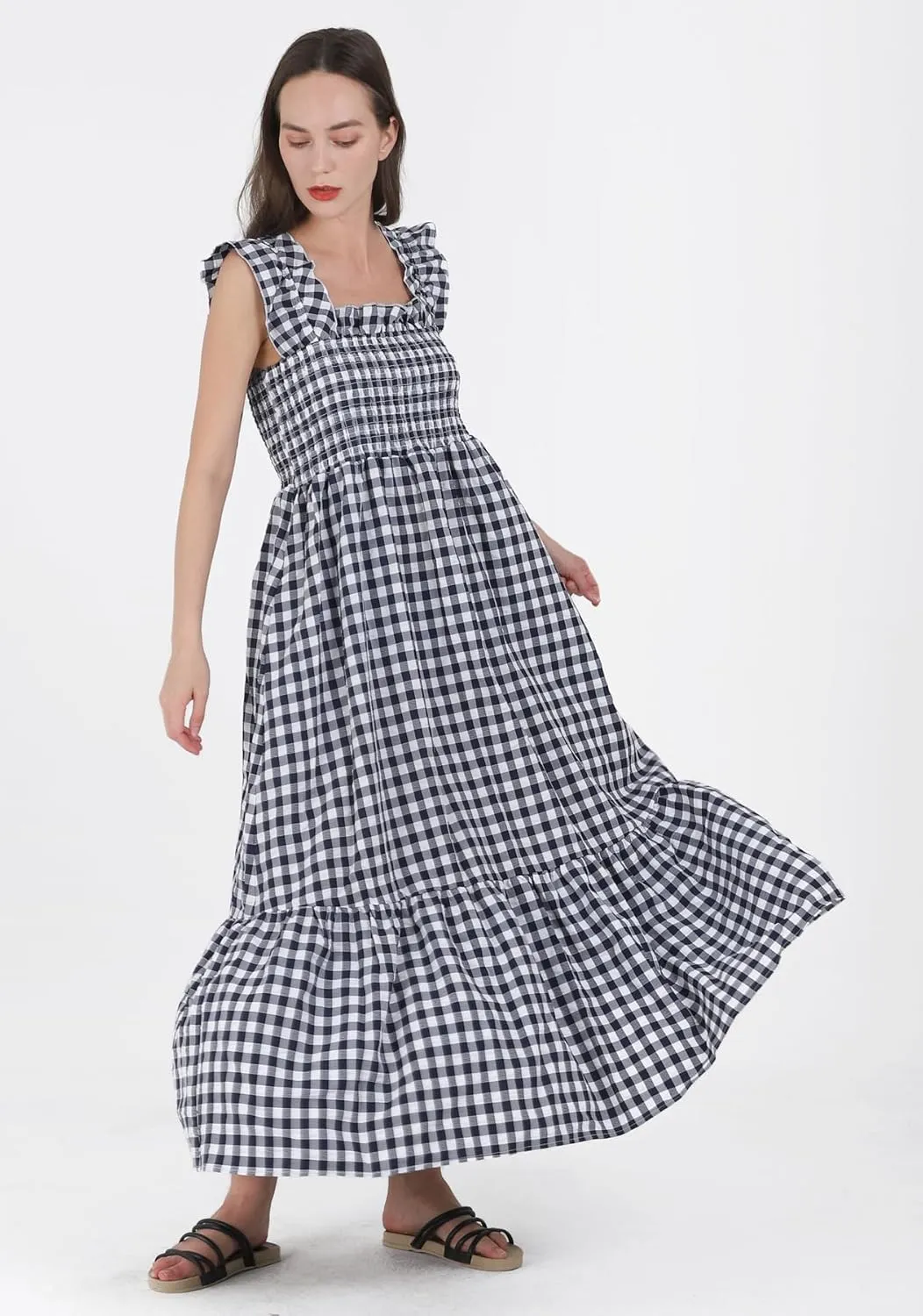 Women's Sleeveless Strap Retro Plaid A-Line Smocked Maxi Long Dress with Ruffled Hem