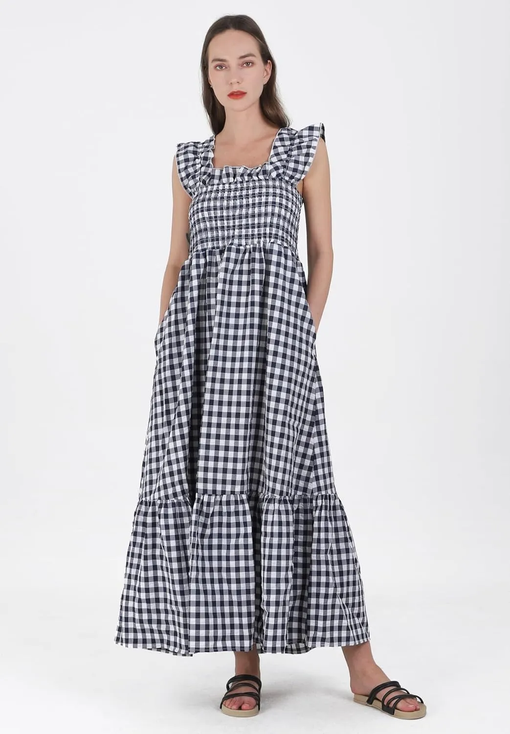Women's Sleeveless Strap Retro Plaid A-Line Smocked Maxi Long Dress with Ruffled Hem