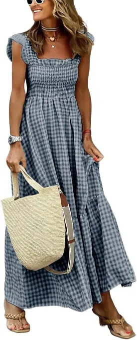 Women's Sleeveless Strap Retro Plaid A-Line Smocked Maxi Long Dress with Ruffled Hem