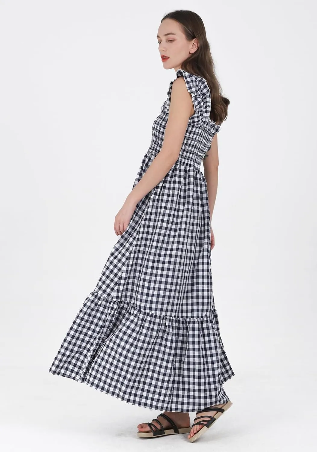 Women's Sleeveless Strap Retro Plaid A-Line Smocked Maxi Long Dress with Ruffled Hem