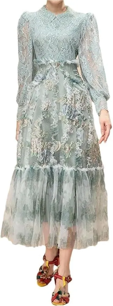 Women's Vintage Elegant Sequin Lace Mesh Dress Lantern Sleeve Ruffles Patchwork Maxi Party Evening Dresses