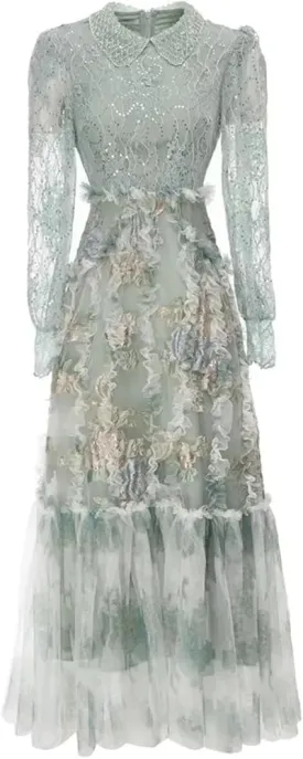 Women's Vintage Elegant Sequin Lace Mesh Dress Lantern Sleeve Ruffles Patchwork Maxi Party Evening Dresses