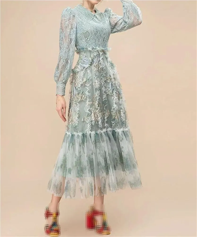 Women's Vintage Elegant Sequin Lace Mesh Dress Lantern Sleeve Ruffles Patchwork Maxi Party Evening Dresses