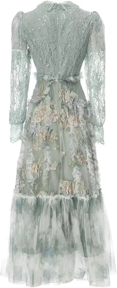 Women's Vintage Elegant Sequin Lace Mesh Dress Lantern Sleeve Ruffles Patchwork Maxi Party Evening Dresses