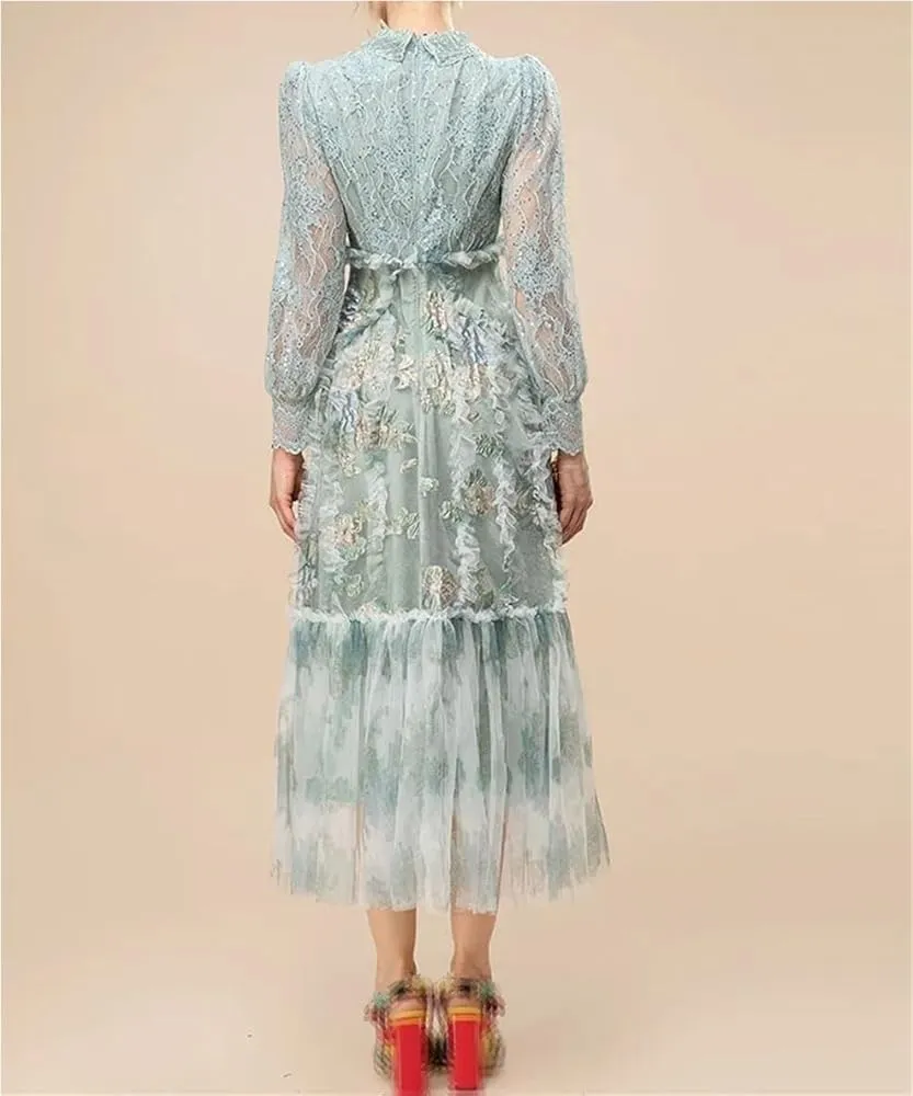 Women's Vintage Elegant Sequin Lace Mesh Dress Lantern Sleeve Ruffles Patchwork Maxi Party Evening Dresses