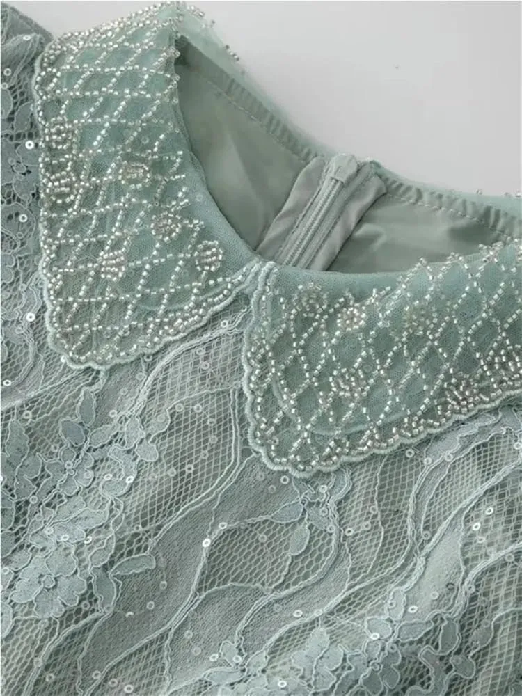 Women's Vintage Elegant Sequin Lace Mesh Dress Lantern Sleeve Ruffles Patchwork Maxi Party Evening Dresses