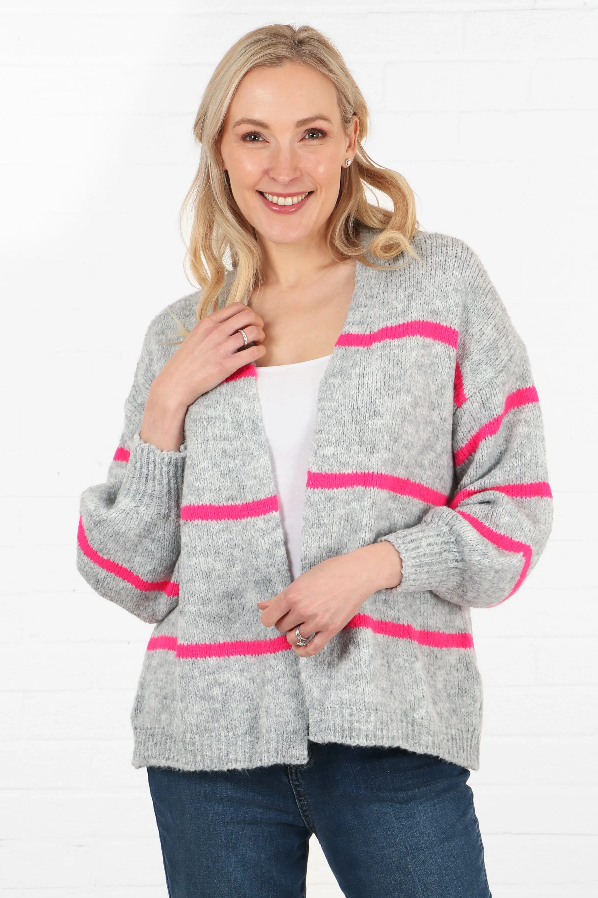 Wool Blend Open Front Cardigan Thin Stripes in Light Grey and Fuchsia