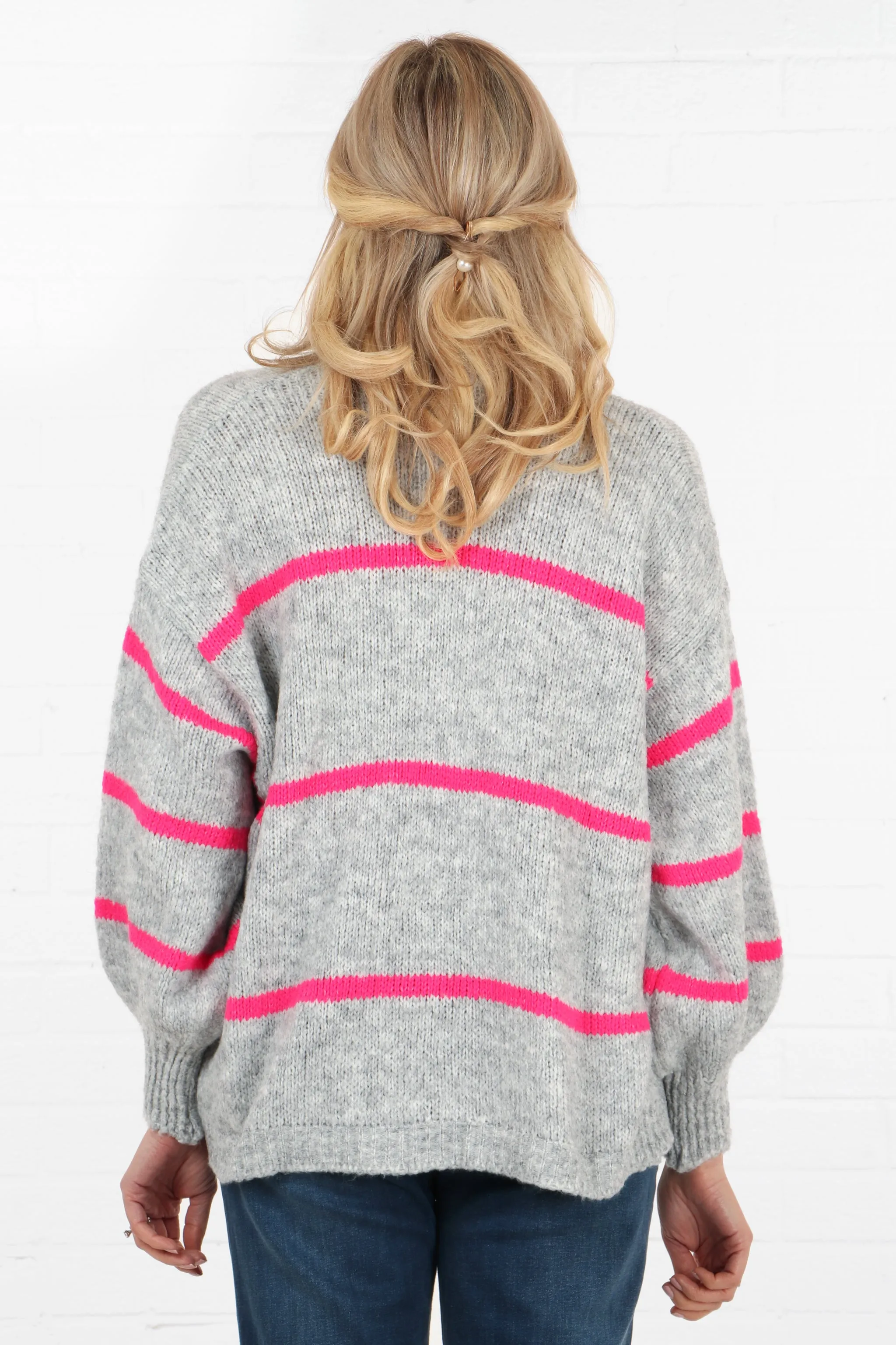 Wool Blend Open Front Cardigan Thin Stripes in Light Grey and Fuchsia