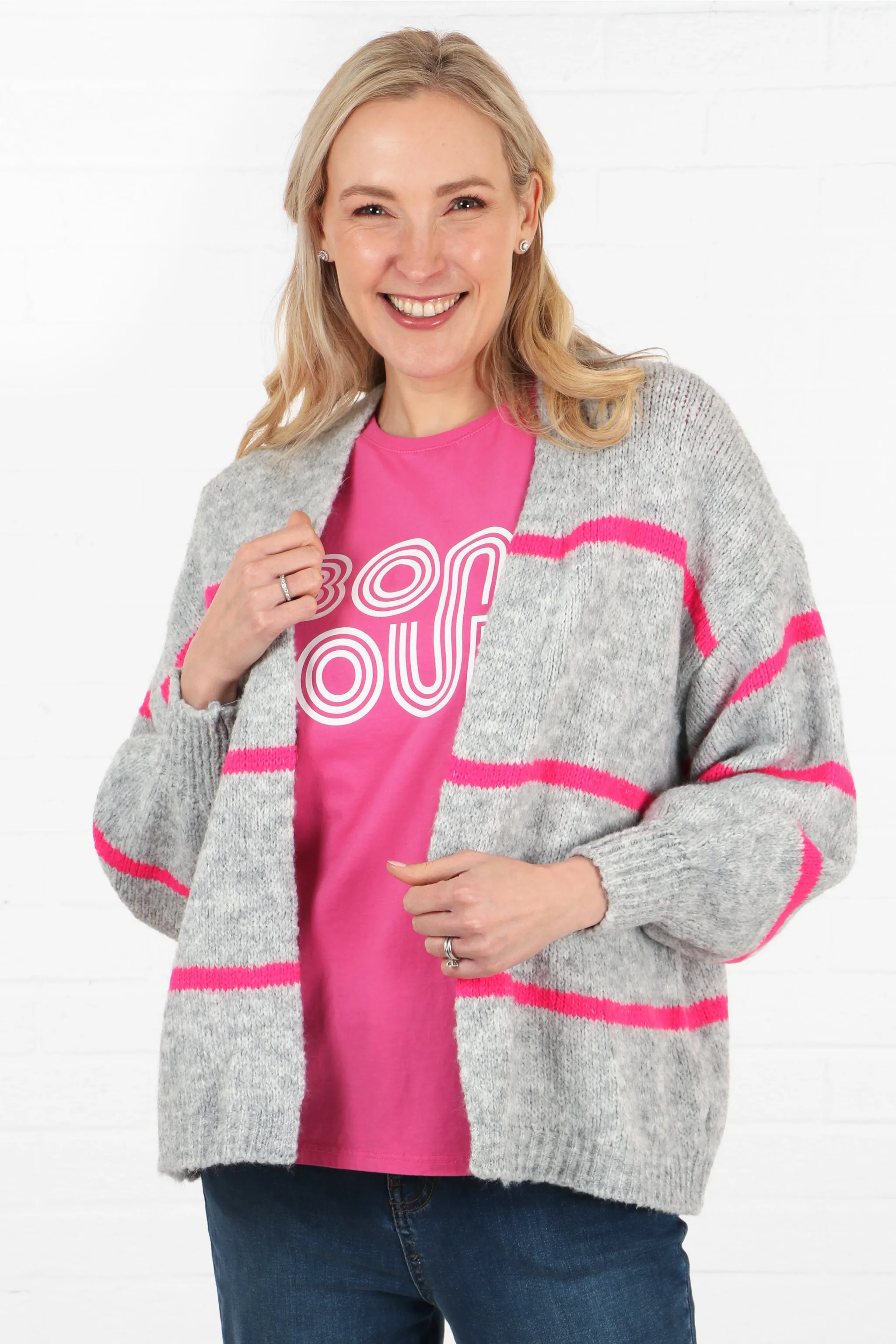 Wool Blend Open Front Cardigan Thin Stripes in Light Grey and Fuchsia